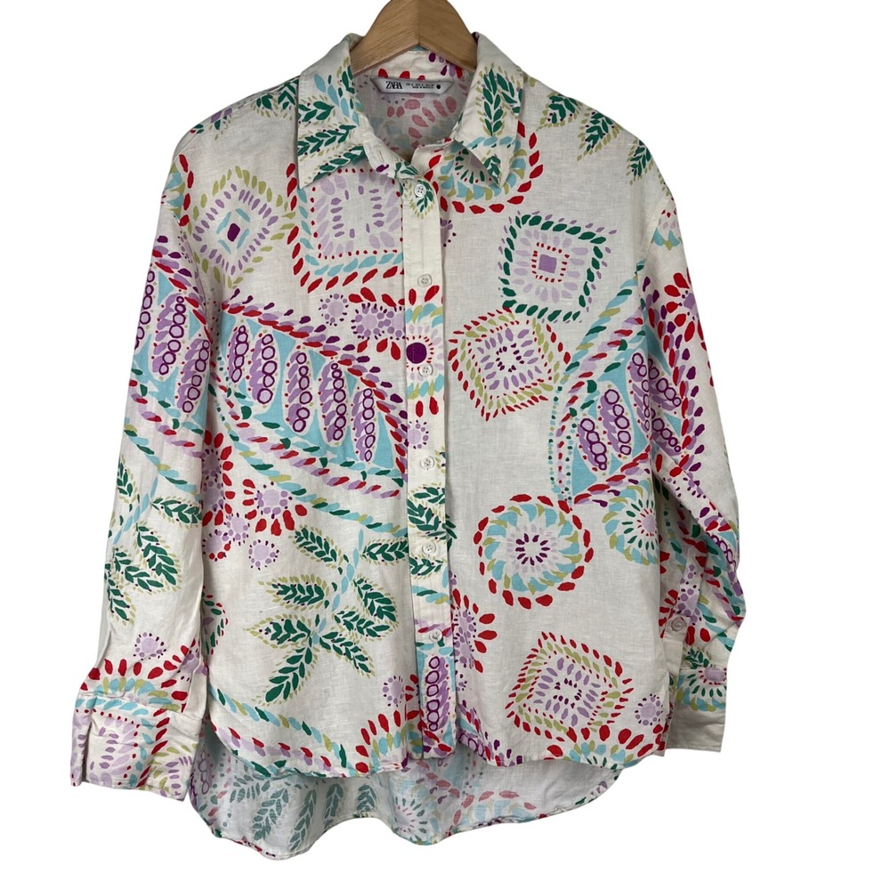 Zara Women Small Linen Blend Abstract Geometric Floral Button Up Shirt Multi